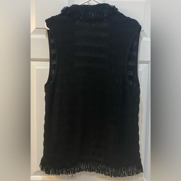 Chico's Black Fringed Textured Vest Semi Sheer Striped Women's Size 1 - Picture 3 of 11